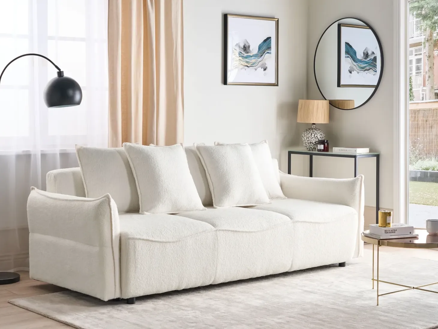 Best Sofa rozkładana dla 3 osób KRAMA Boucle Biały ze schowkiem Sofy Z Funkcją Spania|Wszystkie Sofy