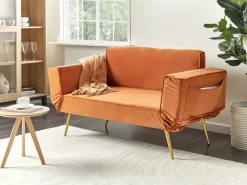 Sofa rozkładana dla 2 osób SAARELA Welur Pomarańczowy Sofy Z Funkcją Spania|Wszystkie Sofy