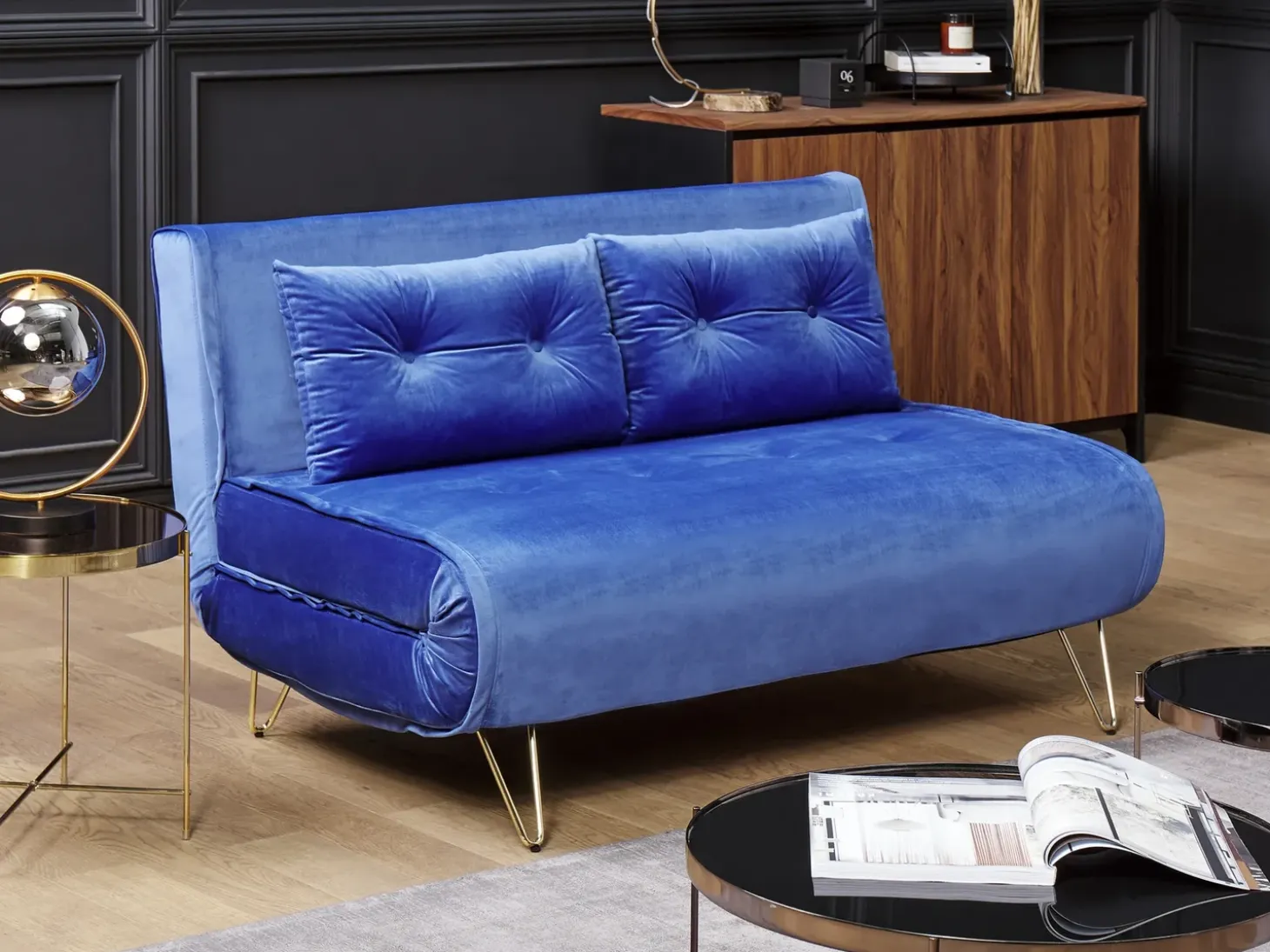 Discount Sofa rozkładana dla 2 osób VESTFOLD Welur Granatowy Sofy Z Funkcją Spania|Wszystkie Sofy