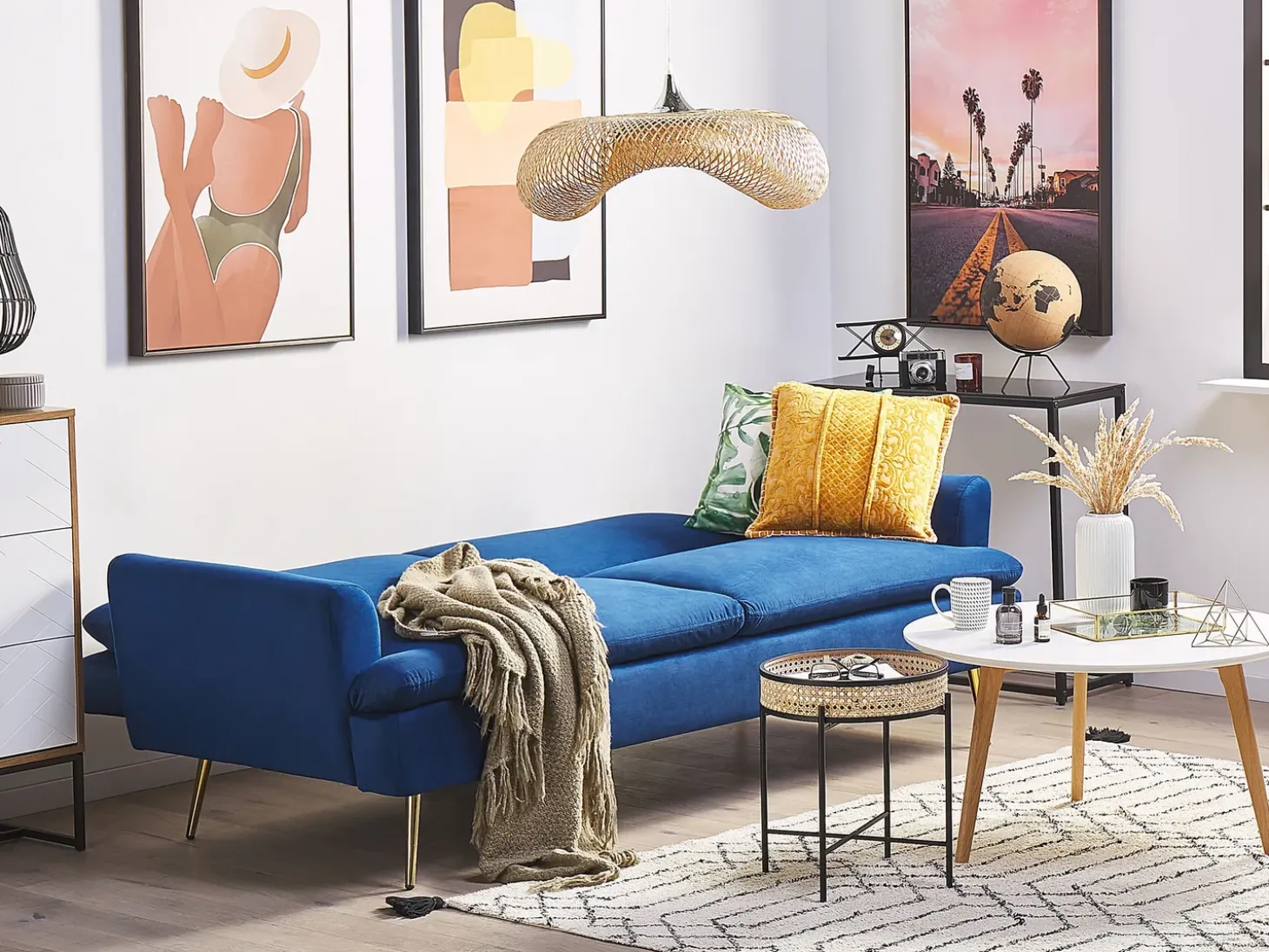 Clearance Sofa rozkładana dla 3 osób VETTRE Welur Granatowy Sofy Z Funkcją Spania|Wszystkie Sofy