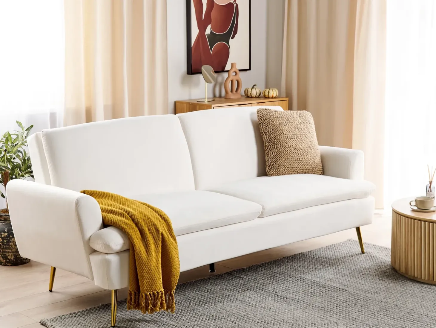 Discount Sofa rozkładana dla 3 osób VETTRE Welur Złamana biel Sofy Z Funkcją Spania|Wszystkie Sofy