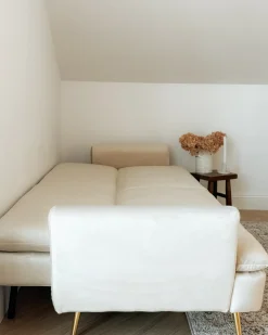 New Sofa rozkładana dla 3 osób VETTRE Welur Jasnobeżowy Sofy Z Funkcją Spania|Wszystkie Sofy