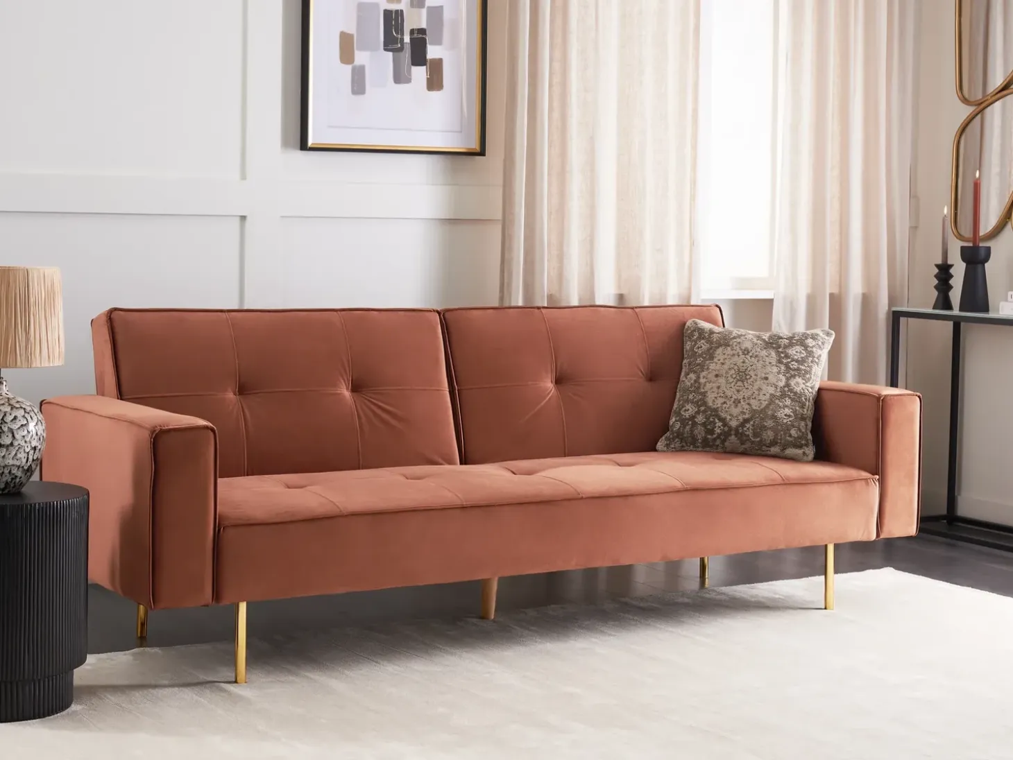 Hot Sofa rozkładana dla 3 osób VISNES Welur Złoty brąz Sofy Z Funkcją Spania|Wszystkie Sofy