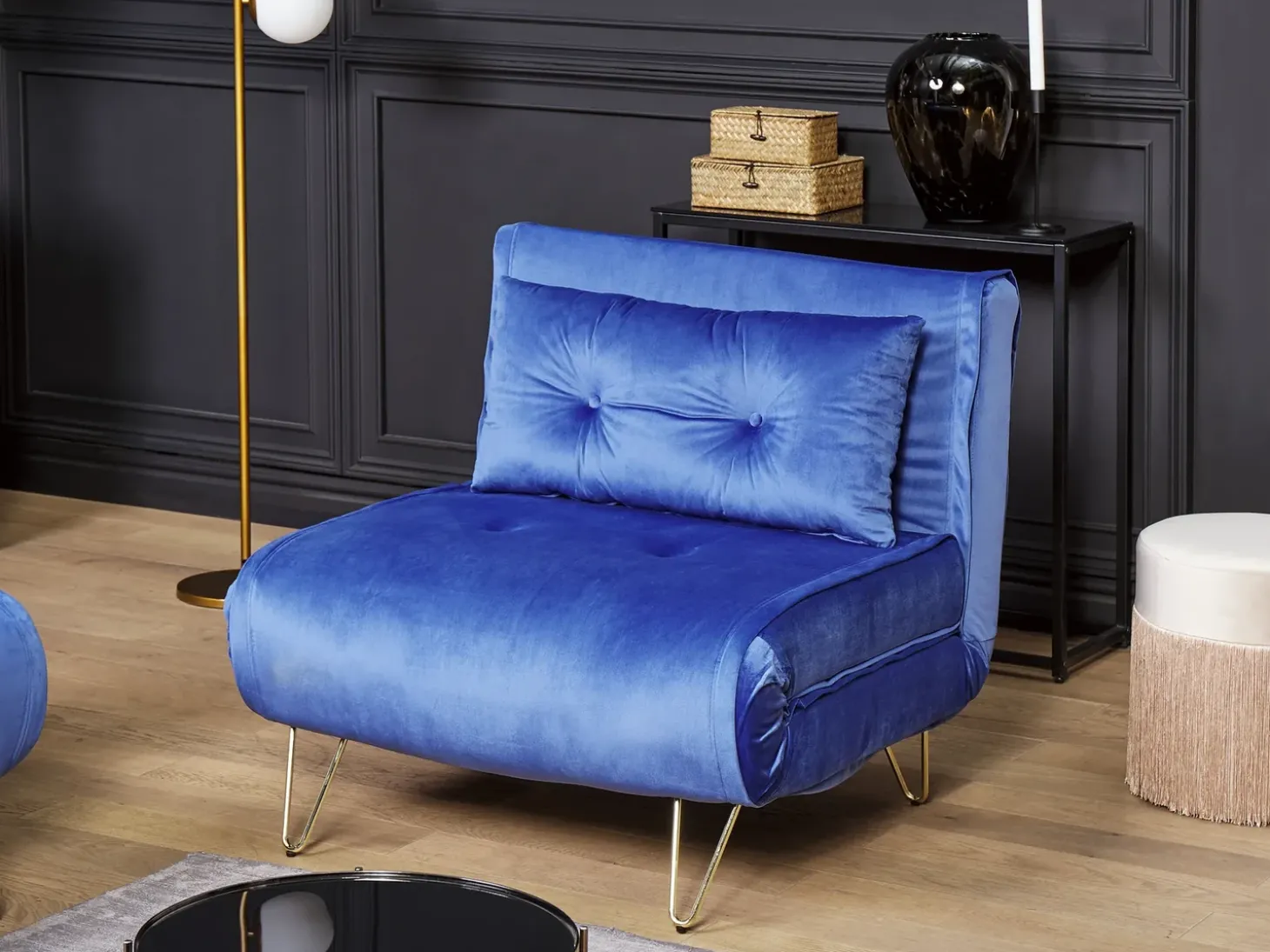 Outlet Sofa rozkładana jednoosobowa VESTFOLD Welur Granatowy Sofy Z Funkcją Spania|Wszystkie Sofy