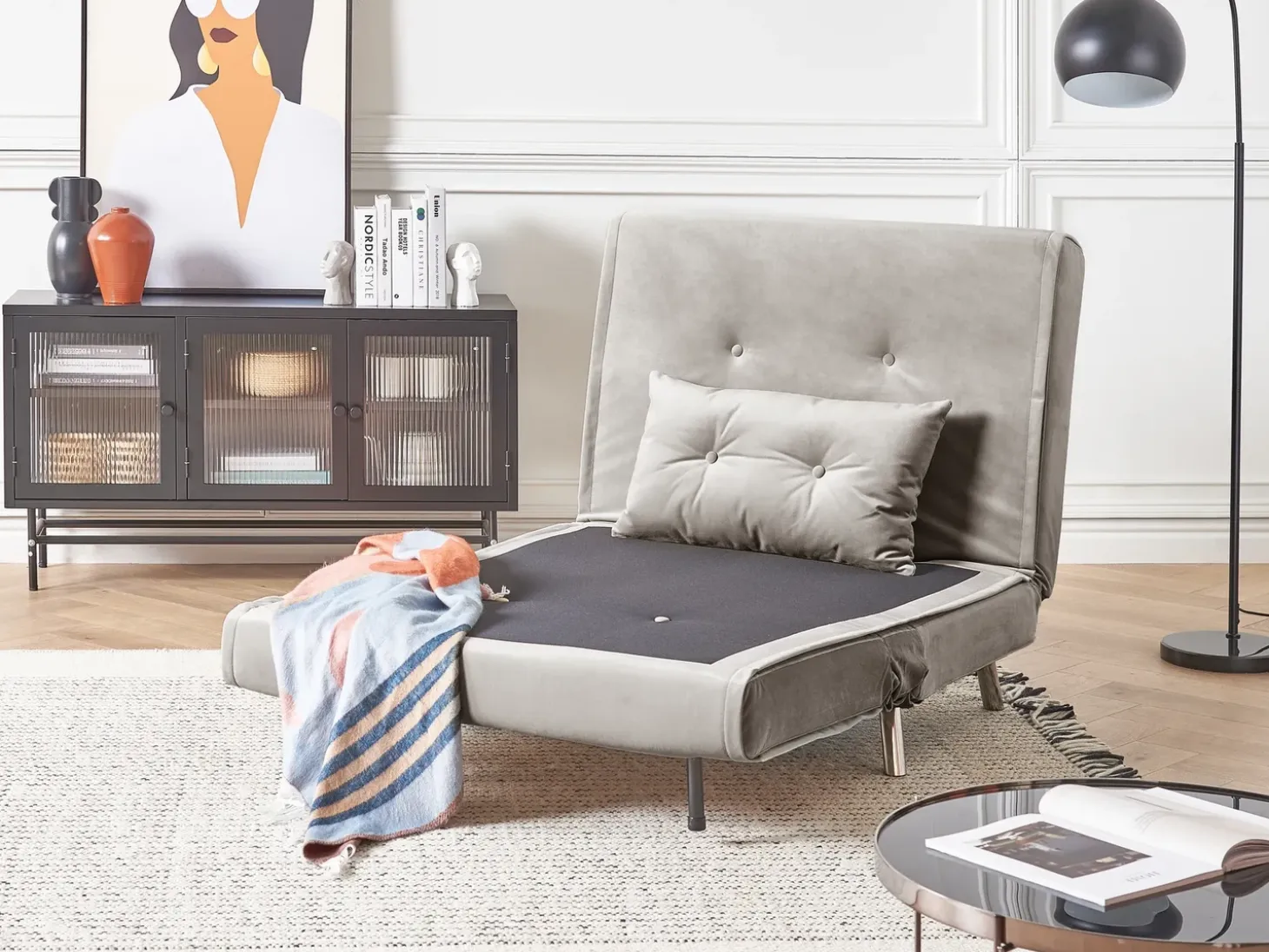 New Sofa rozkładana jednoosobowa FARRIS Welur Jasnoszary Dzieci Sofy Z Funkcją Spania|Wszystkie Sofy