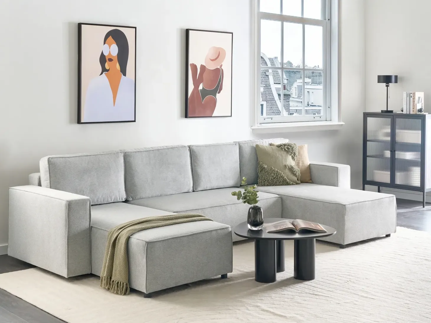 Sofa rozkładana w kształcie U dla 4 osób VATNE Jasnoszary ze schowkiem