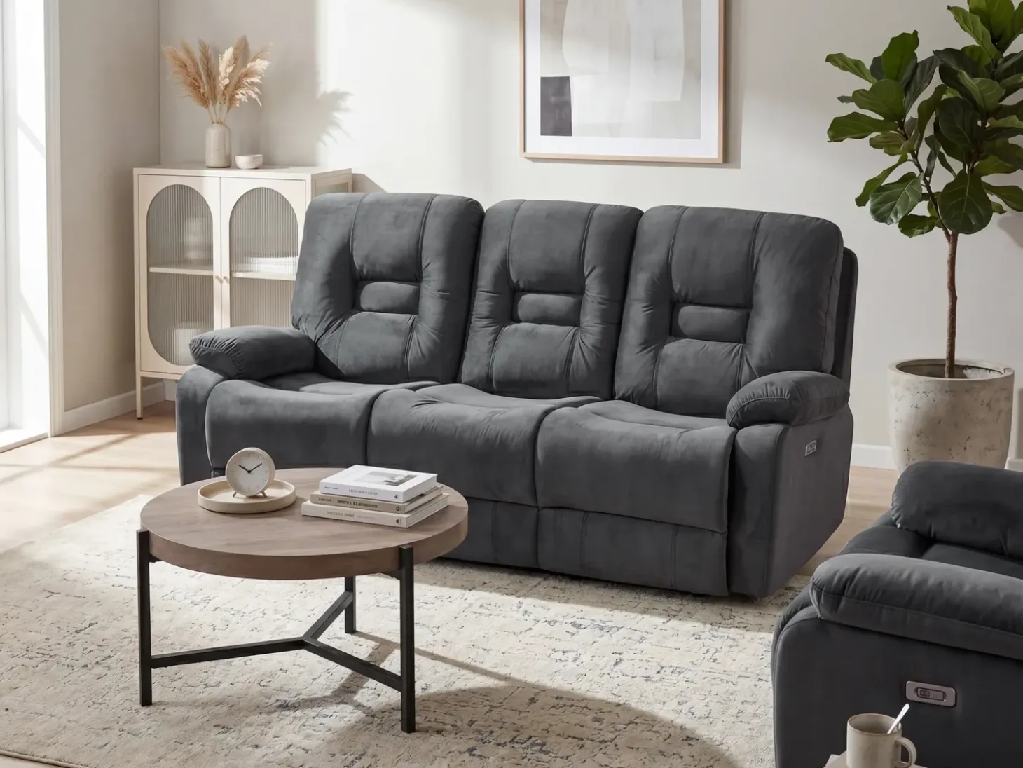 New Sofa z elektryczną funkcją relaksu dla 3 osób BERGEN Welur Ciemno Sofy Tapicerowane|Kolekcje Sof