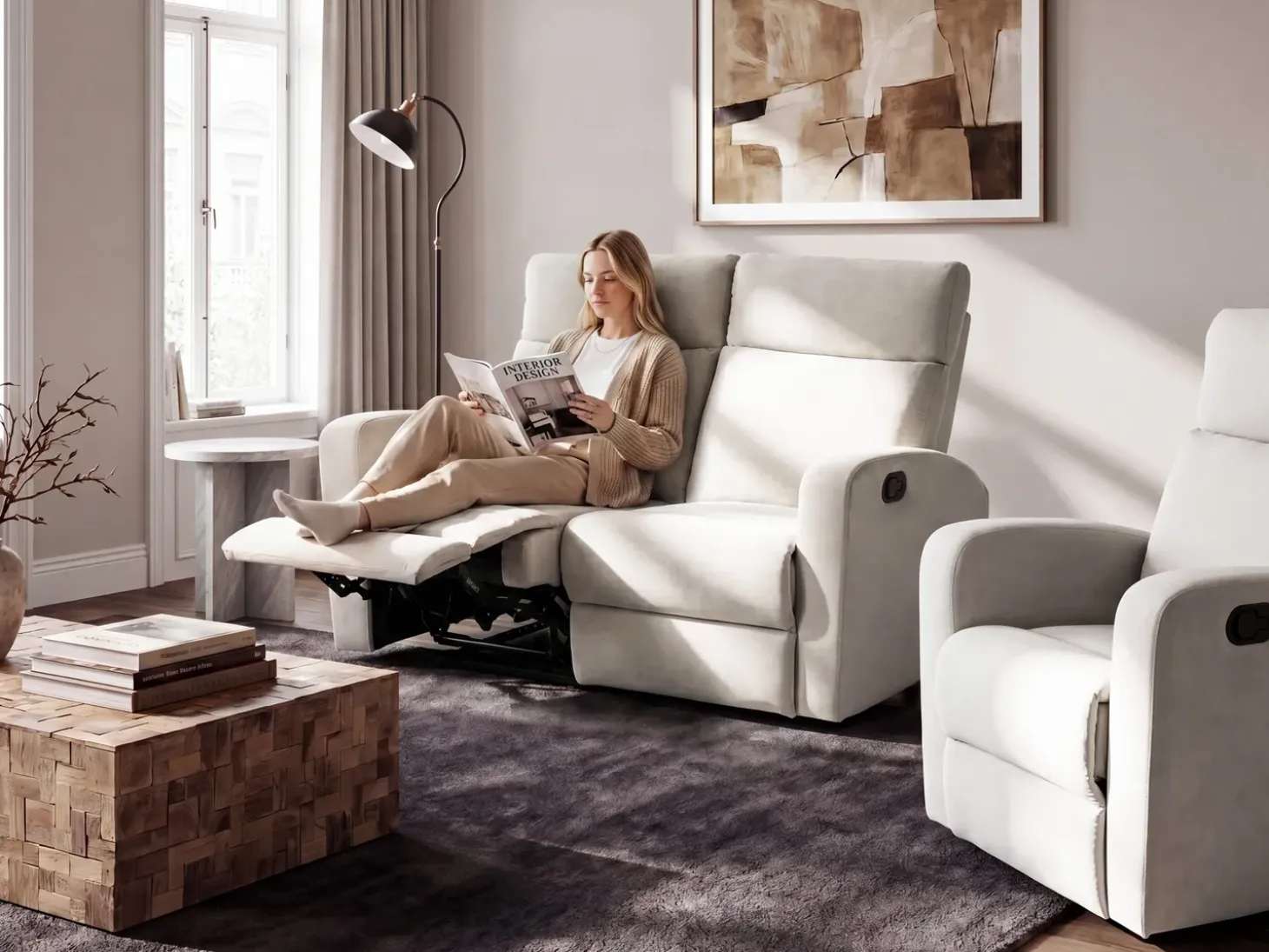 Online Sofa z manualną funkcją relaksu dla 2 osób VERDAL Welur Z wysuwanym podnóżkiem Sofy Tapicerowane|Sofy Dwuosobowe