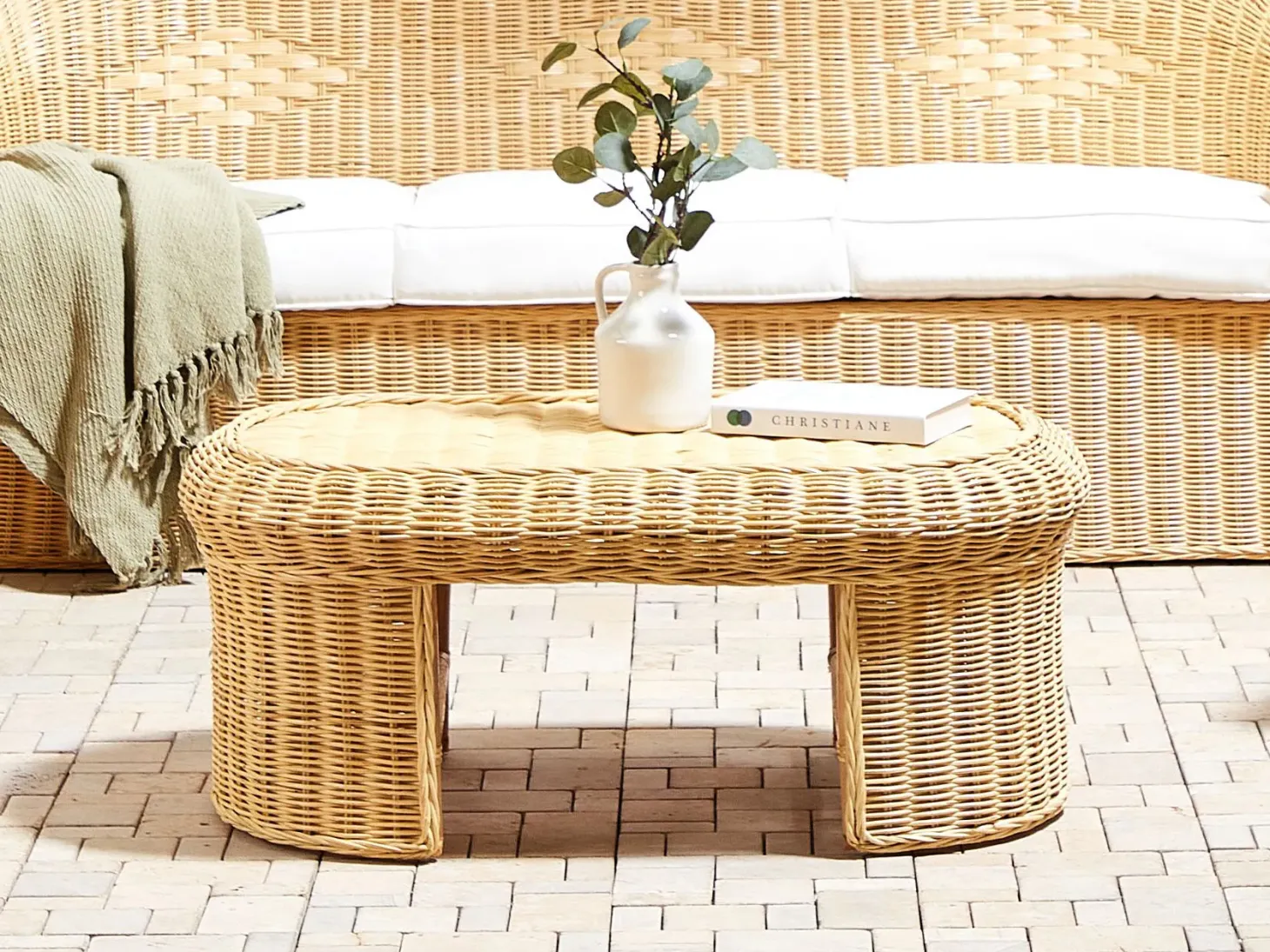 Stolik kawowy ogrodowy LIVADEIA 60 cm 96 cm Rattan Naturalny