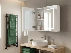 Discount Szafka łazienkowa wisząca z lustrem LED MAZARREDO 60 cm 60 cm Biały Lustrzane Szafki|Wszystko Do Przechowywania W Łazience