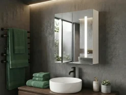 Discount Szafka łazienkowa wisząca z lustrem LED CHABUNCO 60 cm 60 cm Biały Lustrzane Szafki|Wszystko Do Przechowywania W Łazience