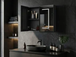 Outlet Szafka łazienkowa wisząca z lustrem LED MAZARREDO 60 cm 60 cm Czarny Lustrzane Szafki|Wszystko Do Przechowywania W Łazience