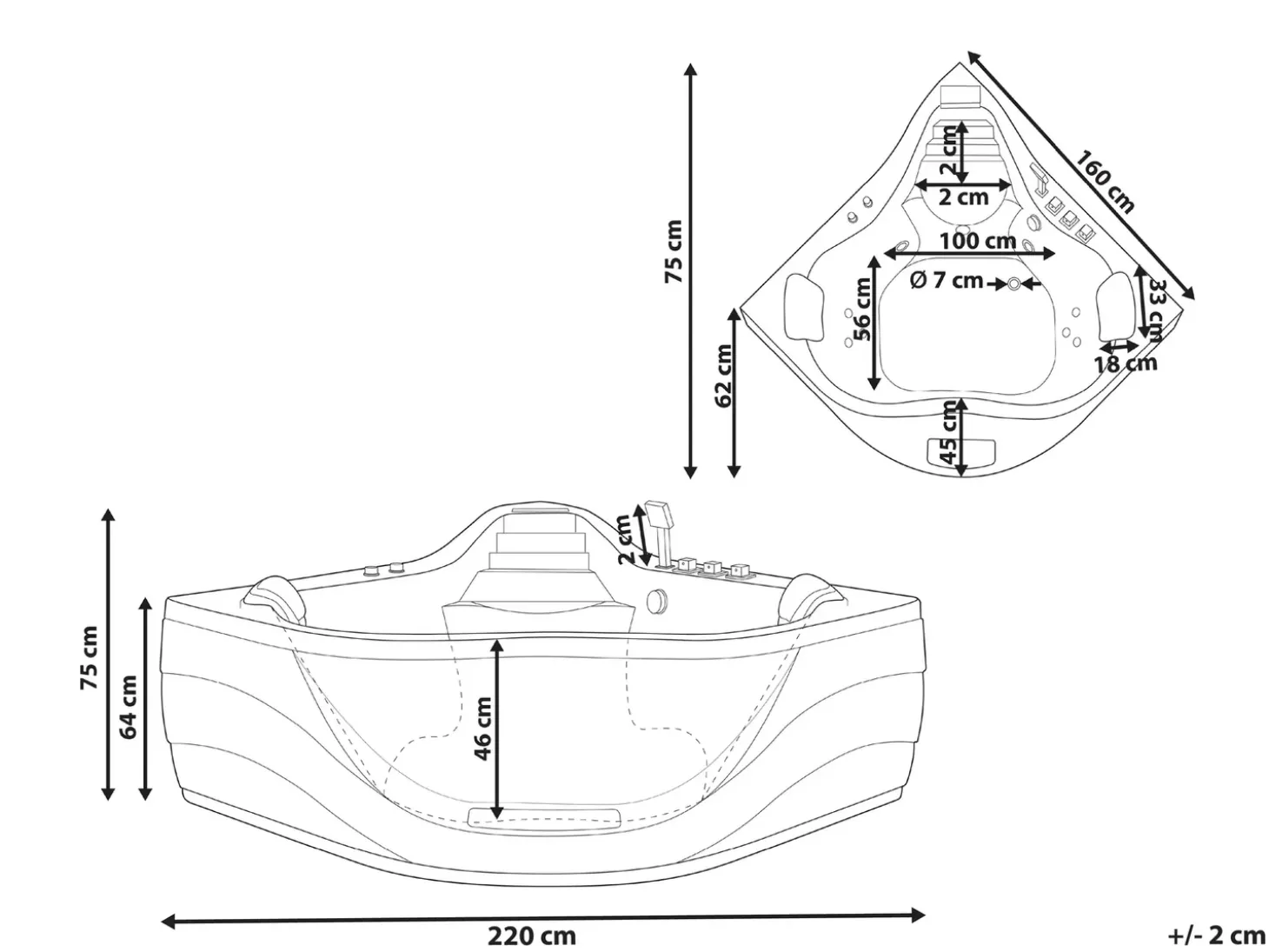 Wanna narożna z hydromasażem CARTAGENA 220 x 160 cm Biały Wszystkie Wanny|Wanny Z Hydromasażem