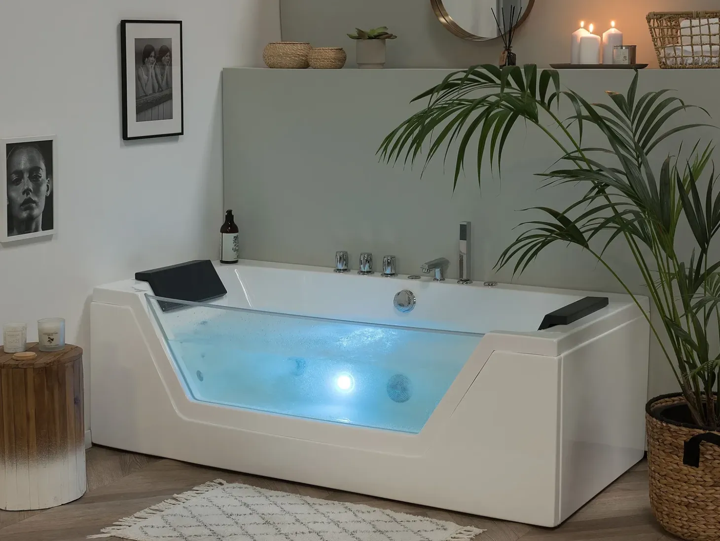 Sale Wanna narożna z hydromasażem LED SAMANA 174 x 79 cm Biały Wanny Z Hydromasażem|Wszystkie Wanny