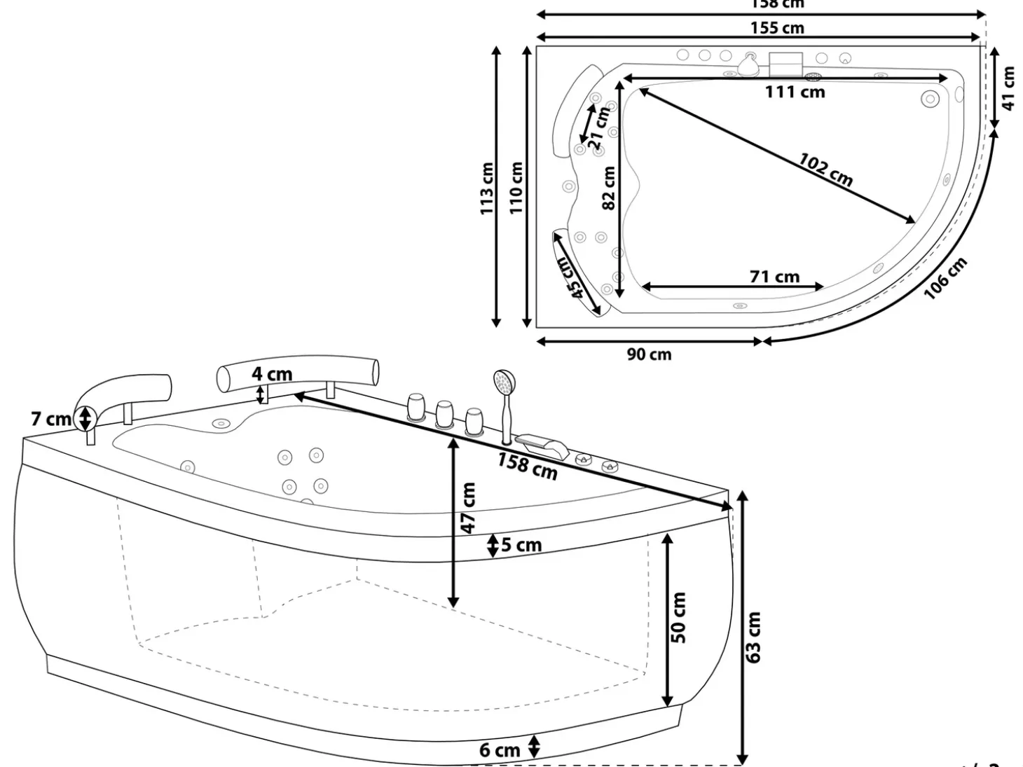 Wanna narożna z hydromasażem LED PARADISO 158 x 113 cm Biały Wszystkie Wanny|Wanny Z Hydromasażem
