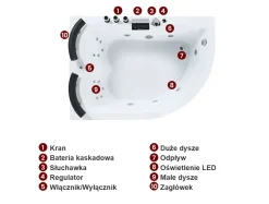 Wanna narożna z hydromasażem LED PARADISO 158 x 113 cm Biały Wszystkie Wanny|Wanny Z Hydromasażem