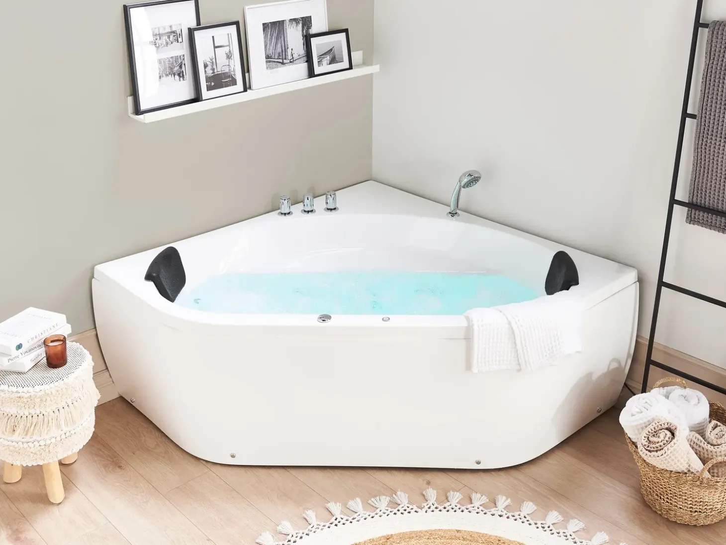 New Wanna narożna z hydromasażem LED MEVES 140 x 140 cm Biały Wszystkie Wanny|Wanny Z Hydromasażem