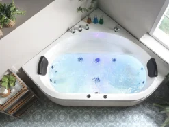 New Wanna narożna z hydromasażem LED MEVES 140 x 140 cm Biały Wszystkie Wanny|Wanny Z Hydromasażem