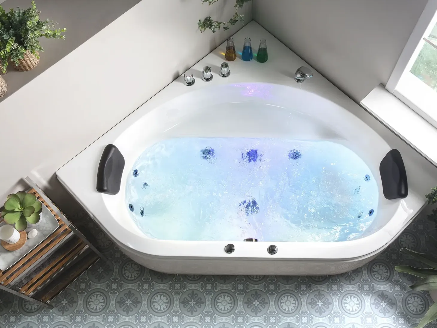 New Wanna narożna z hydromasażem LED MEVES 140 x 140 cm Biały Wszystkie Wanny|Wanny Z Hydromasażem