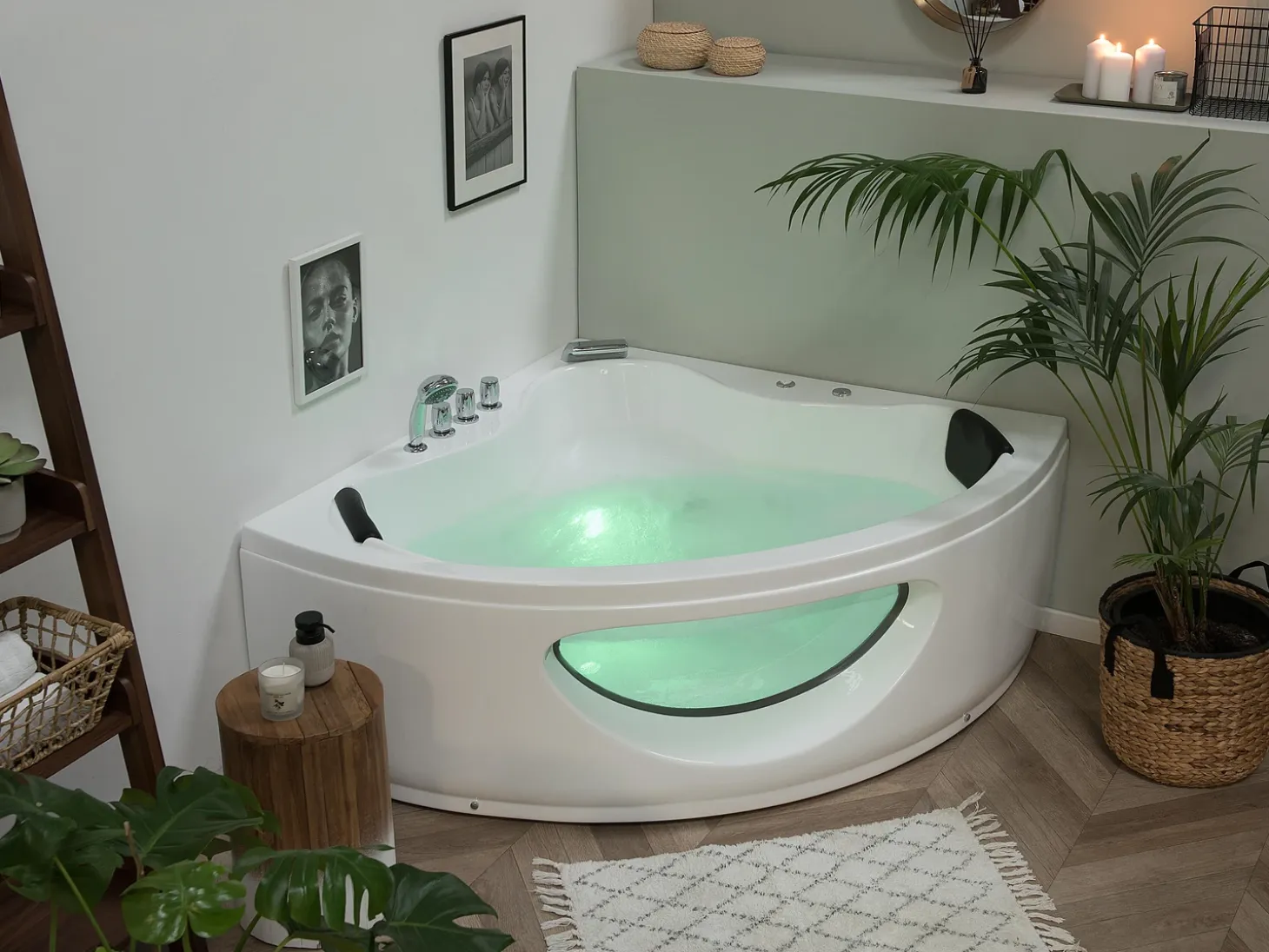 New Wanna narożna z hydromasażem LED TOCOA 205 x Biały Wszystkie Wanny|Wanny Z Hydromasażem
