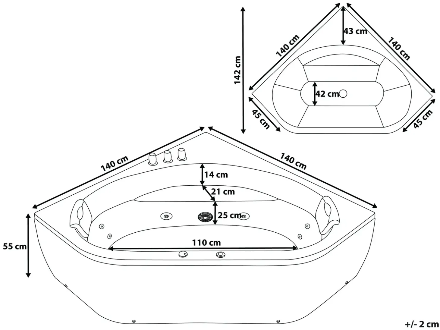 Outlet Wanna narożna z hydromasażem LED MEVES 140 x 140 cm Czarny Wszystkie Wanny|Wanny Z Hydromasażem