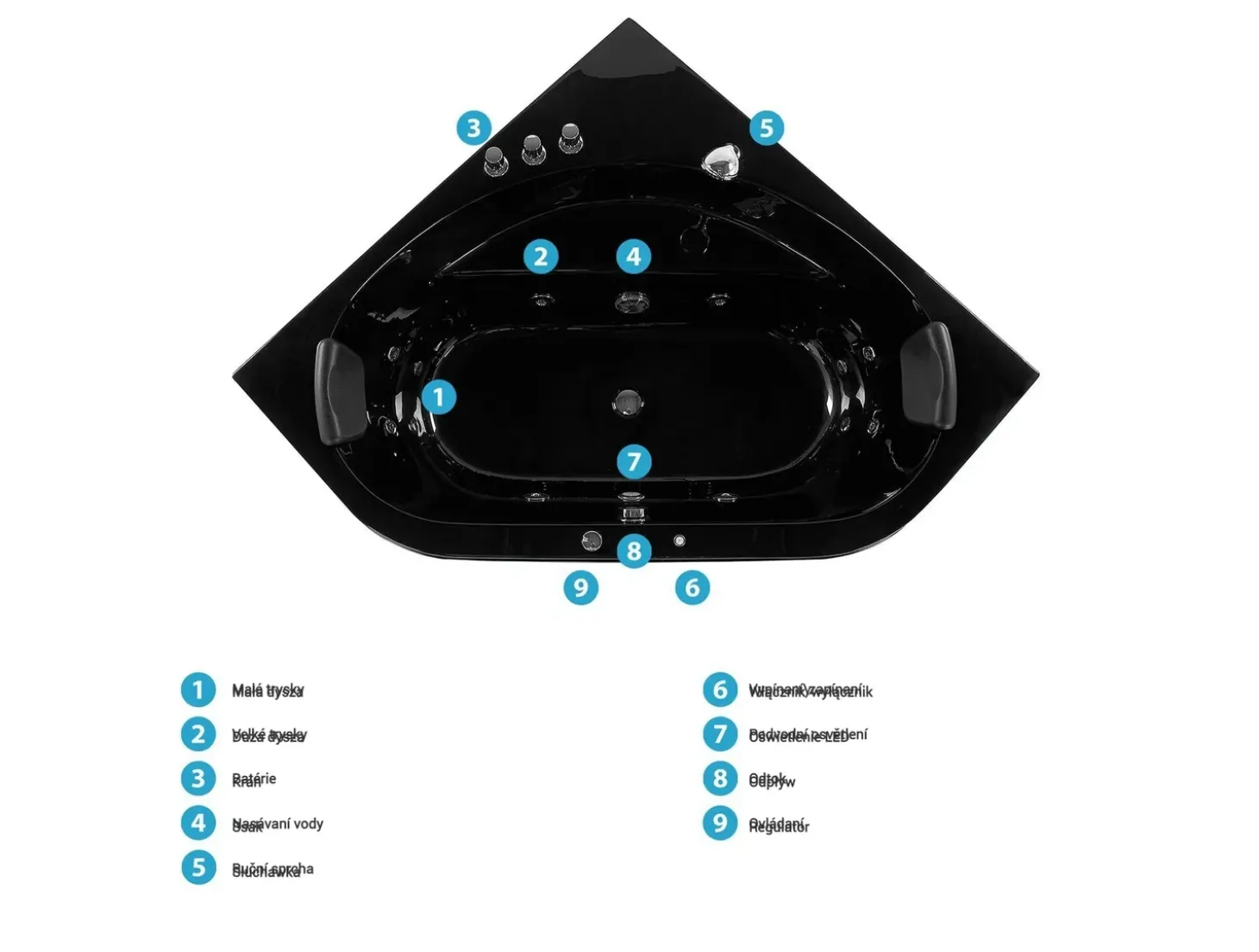 Outlet Wanna narożna z hydromasażem LED MEVES 140 x 140 cm Czarny Wszystkie Wanny|Wanny Z Hydromasażem