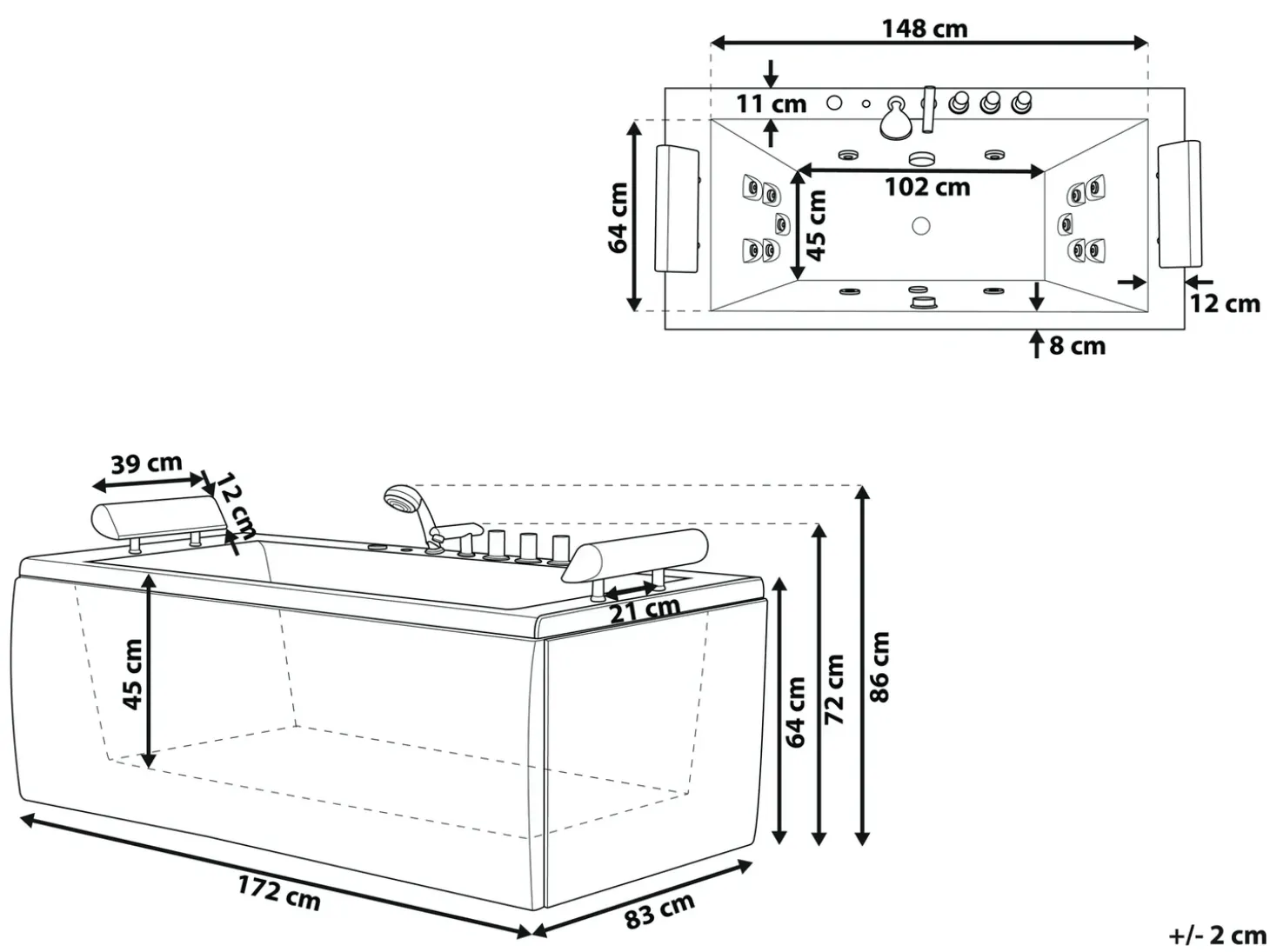 Online Wanna narożna z hydromasażem LED MONTEGO 172 x 83 cm Czarny Wanny Z Hydromasażem|Wszystkie Wanny