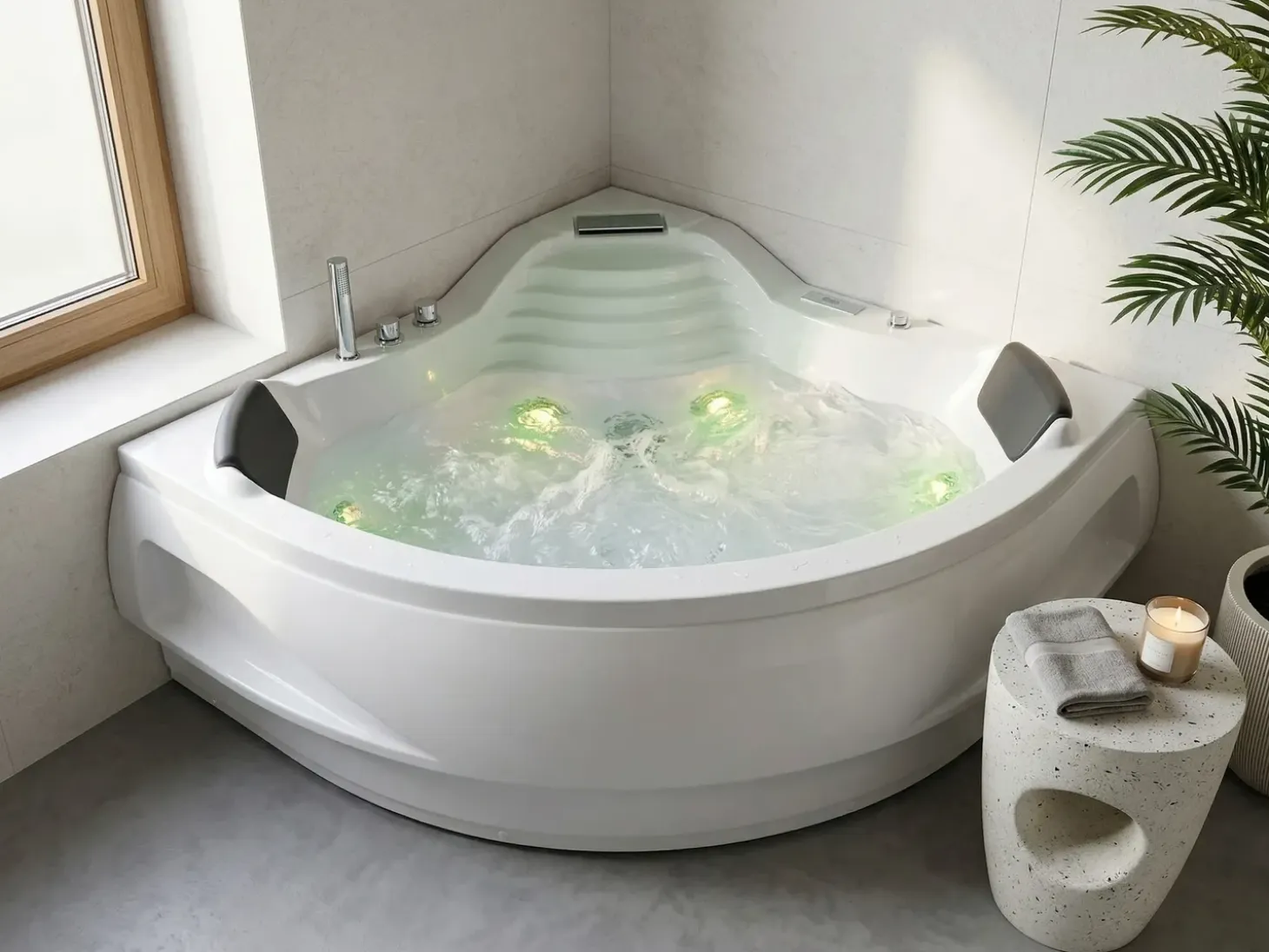 Discount Wanna narożna z hydromasażem LED MONACO Wbudowany głośnik Bluetooth 210 x 145 cm Biały Wszystkie Wanny|Wanny Z Hydromasażem