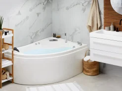 Online Wanna narożna z hydromasażem LED NEIVA 150 x 100 cm Biały Wszystkie Wanny|Wanny Z Hydromasażem
