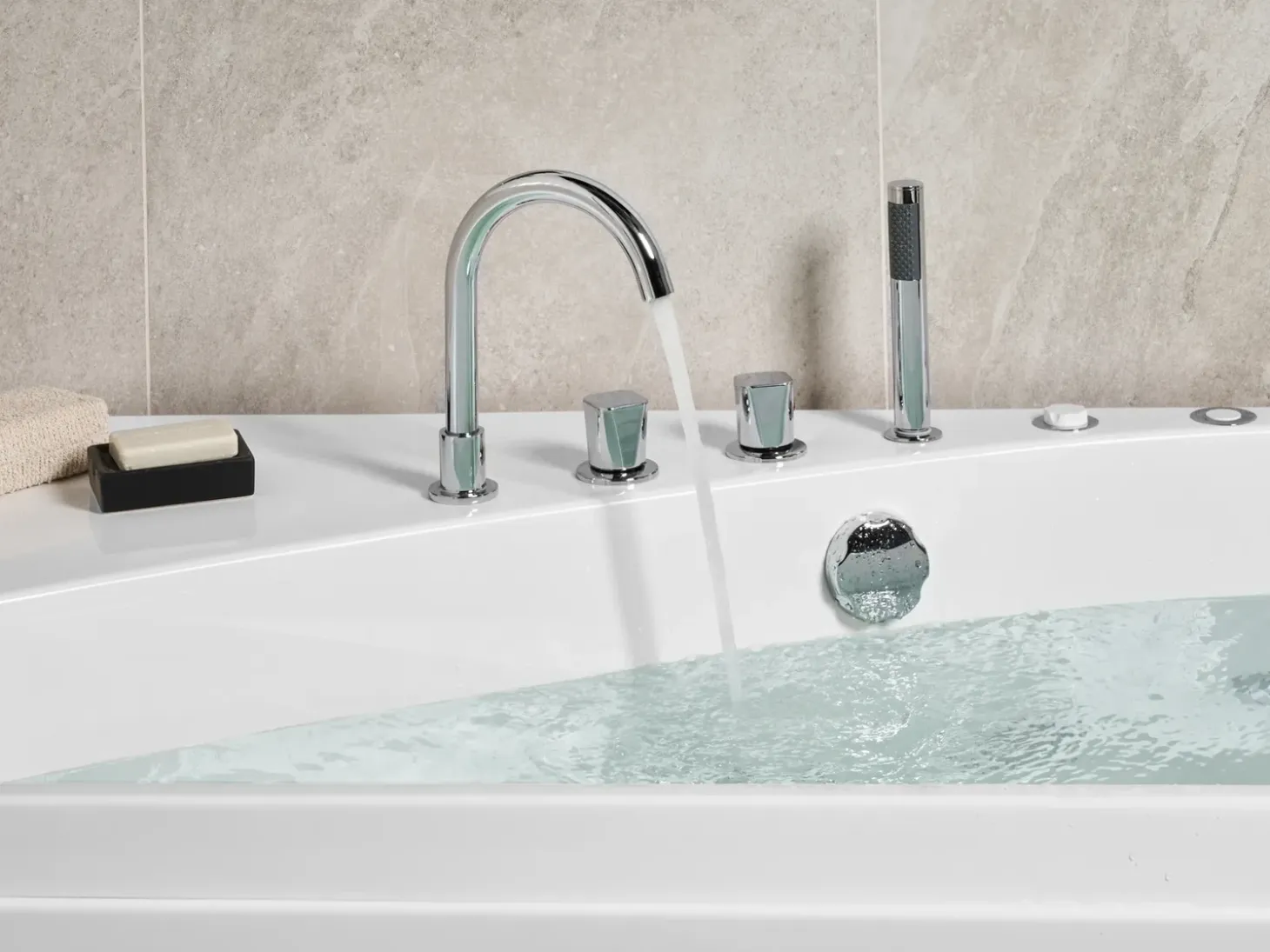 Outlet Wanna narożna z hydromasażem LED CAURA Prawostronny 175 x 80 cm Biały Wanny Z Hydromasażem|Wszystkie Wanny