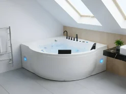 Outlet Wanna narożna z hydromasażem LED MANRESA Wbudowany głośnik Bluetooth 225 x 160 cm Biały Wszystkie Wanny|Wanny Z Hydromasażem