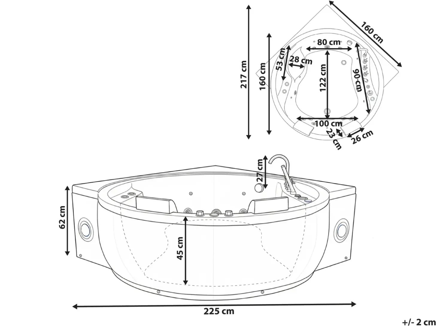 Outlet Wanna narożna z hydromasażem LED MANRESA Wbudowany głośnik Bluetooth 225 x 160 cm Biały Wszystkie Wanny|Wanny Z Hydromasażem
