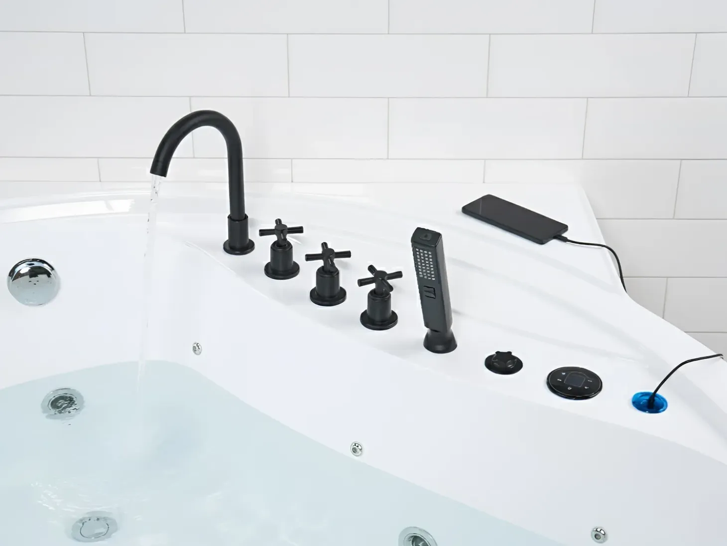 Outlet Wanna narożna z hydromasażem LED MANRESA Wbudowany głośnik Bluetooth 225 x 160 cm Biały Wszystkie Wanny|Wanny Z Hydromasażem
