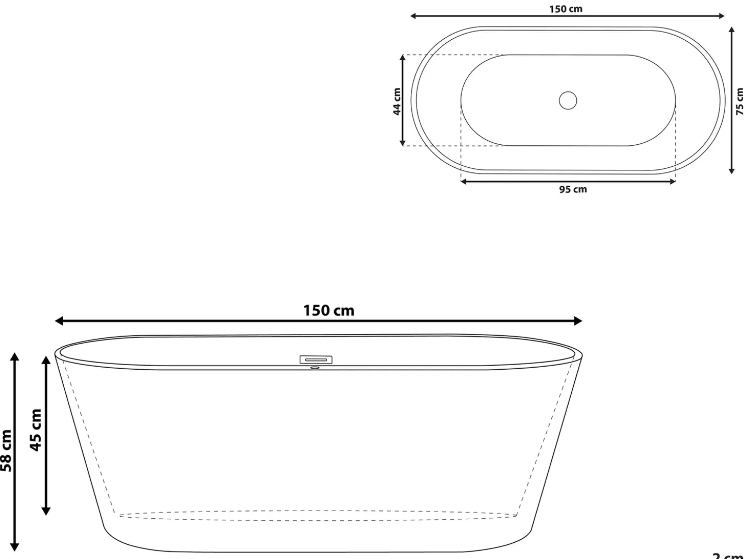 Outlet Wanna wolnostojąca HAVANA 150 x 75 cm Czarny/ biały Wanny Wolnostojące|Wszystkie Wanny
