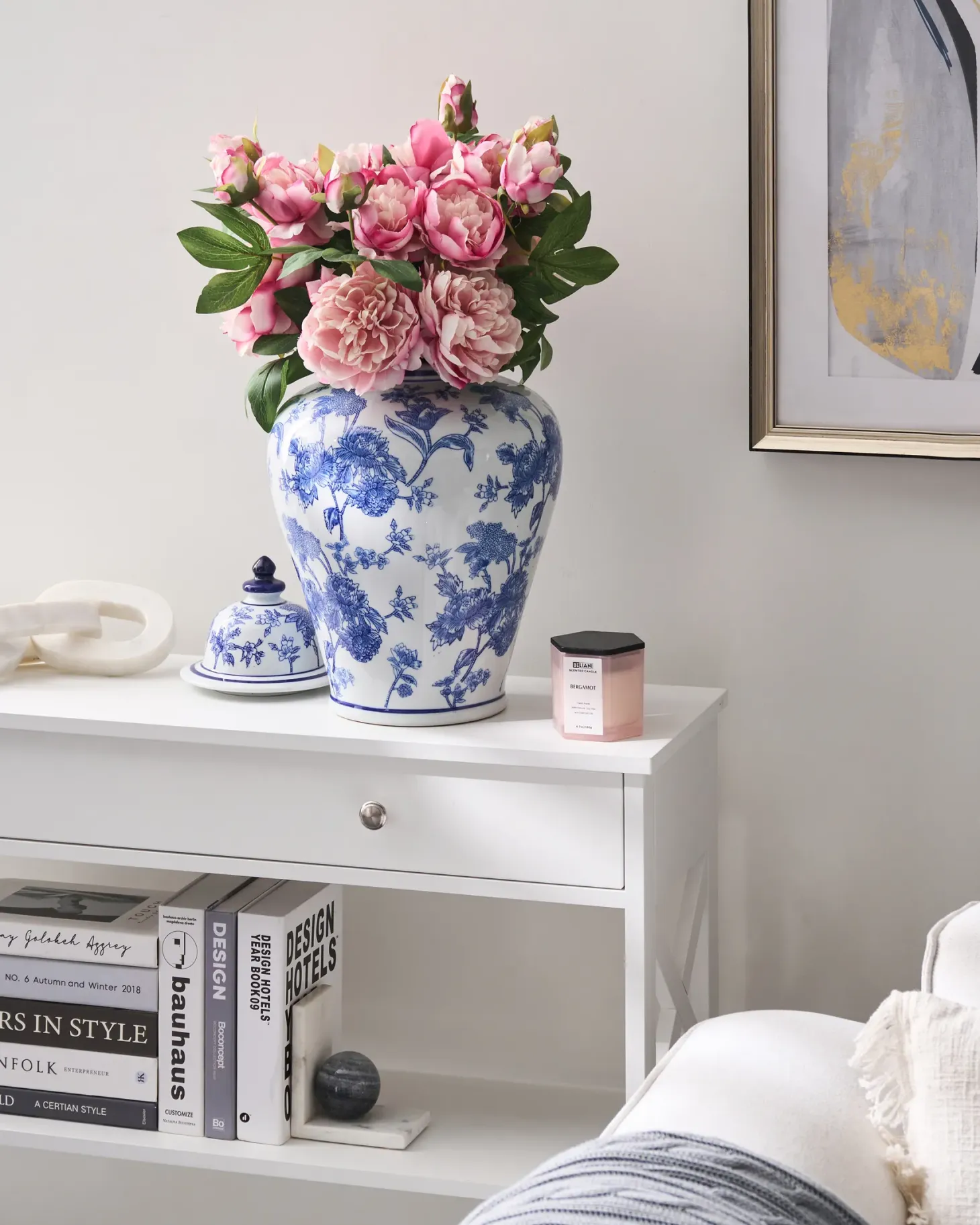 Wazon z pokrywką ALFARO Porcelana 46 cm Biały/ niebieski