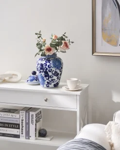 Wazon z pokrywką CUENCA Porcelana 36 cm Biały/ niebieski