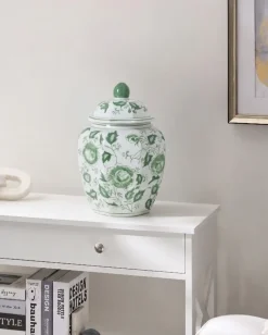 Wazon z pokrywką FERROL Porcelana 29 cm Biały/ zielony
