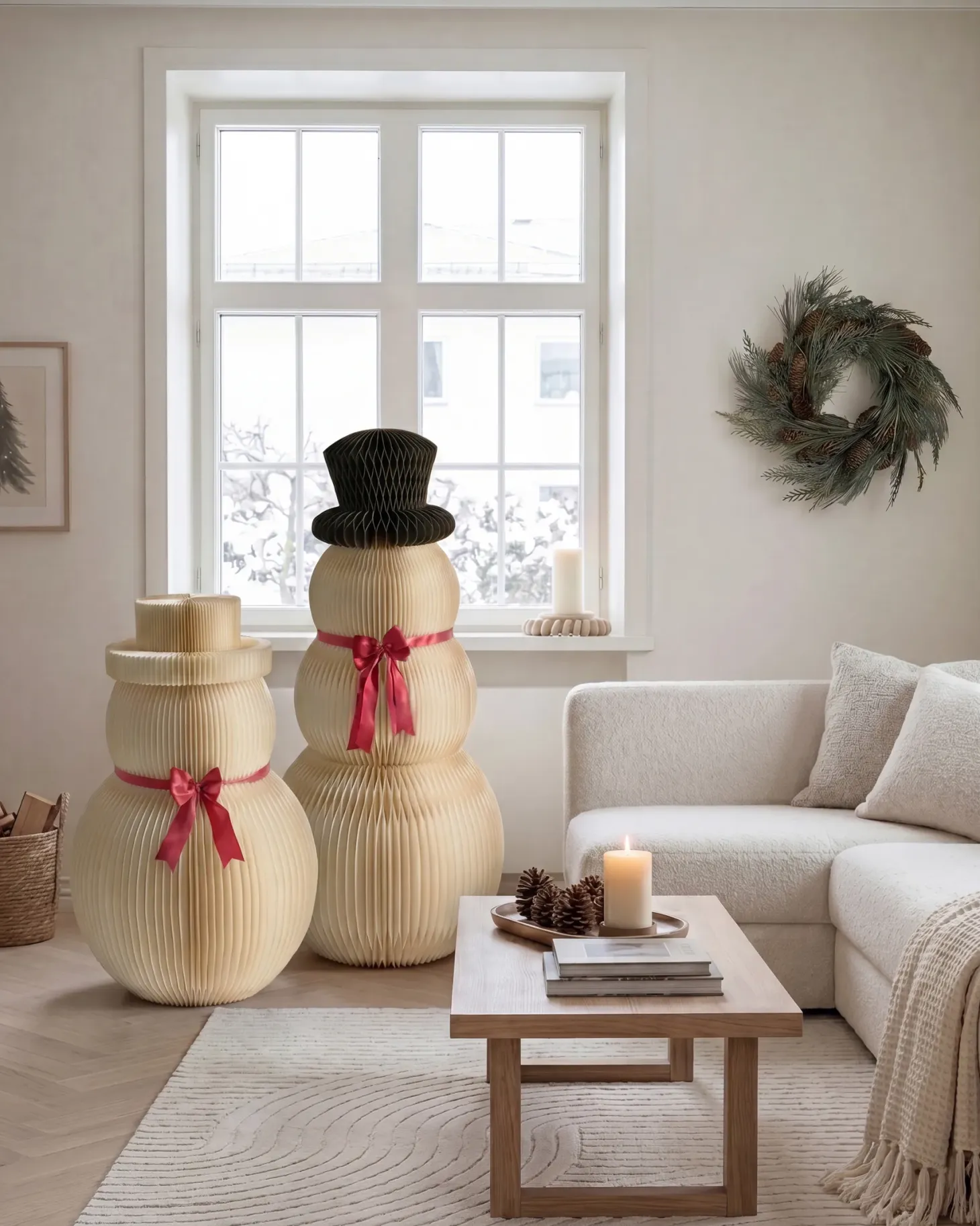 Zestaw 2 dekoracji świątecznych KLARALVEN Bałwan 90/124 cm Beżowy