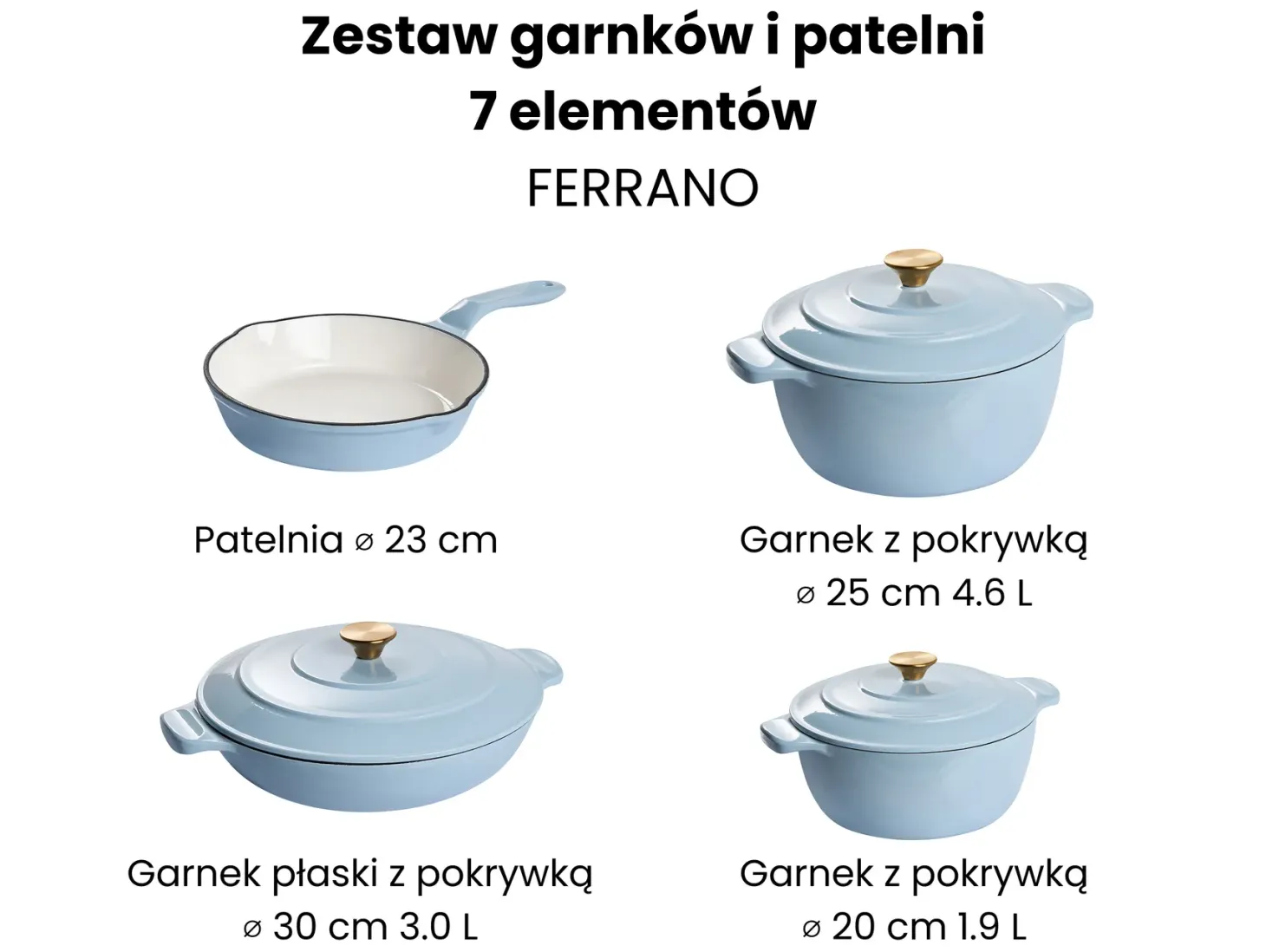 Zestaw żeliwnych naczyń 7 elementów FERRANO Błękitny