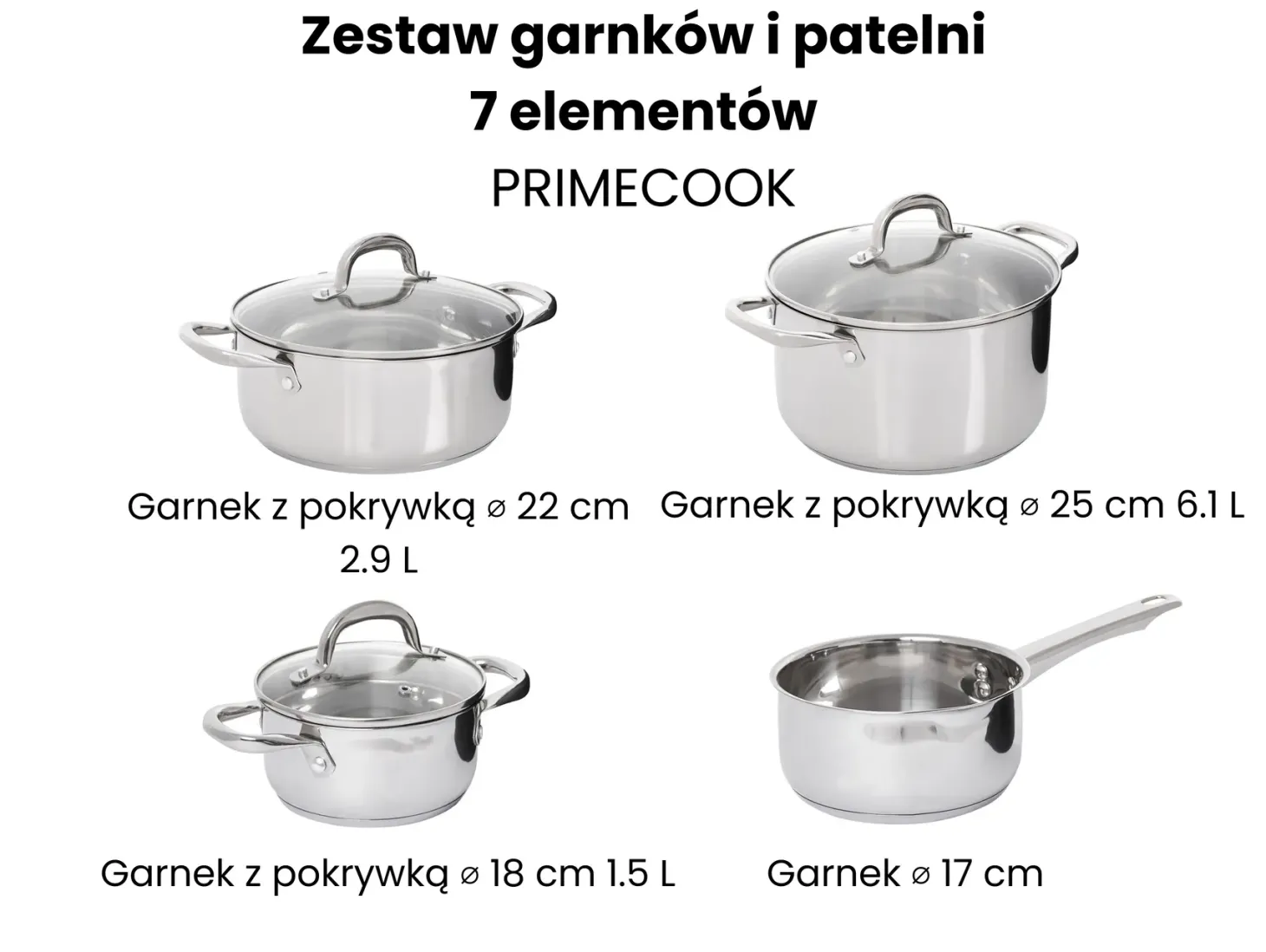 Zestaw garnków 7 elementów PRIMECOOK Stal nierdzewna Srebrny