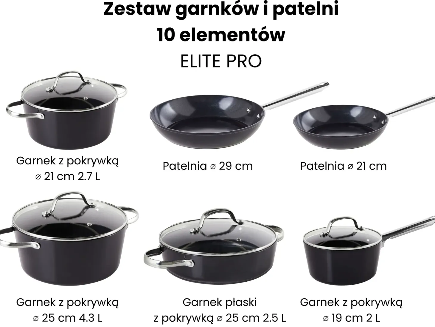 Zestaw garnków i patelni 10 elementów ELITE PRO Czarny
