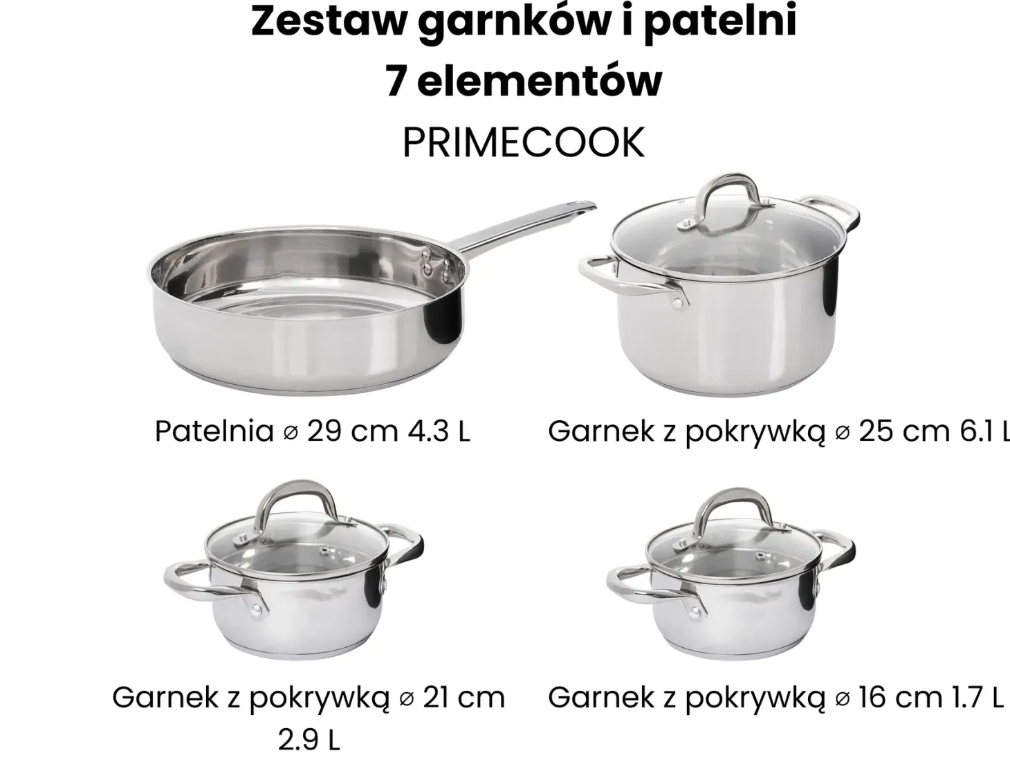 Zestaw garnków i patelni 7 elementów PRIMECOOK Stal nierdzewna Srebrny