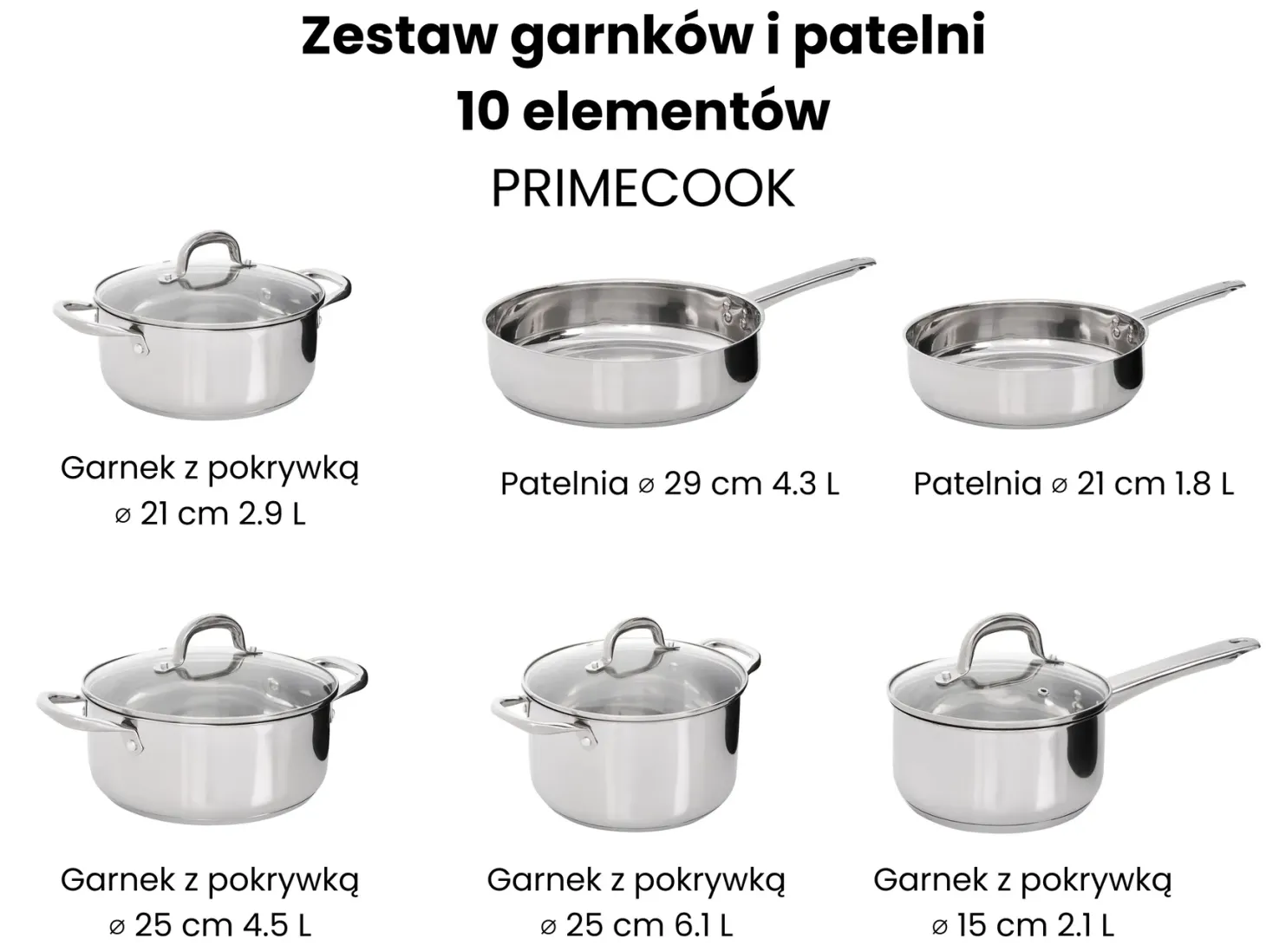 Zestaw garnków i patelni 10 elementów PRIMECOOK Stal nierdzewna Srebrny
