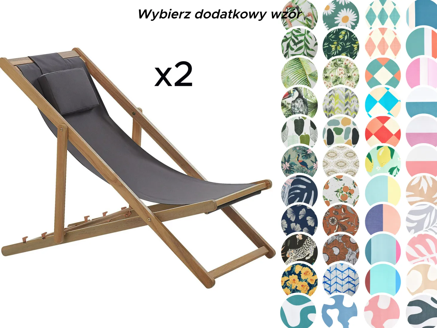 Zestaw 2 leżaków ogrodowych składanych AVELLINO z zestawem wymiennych tkanin Drewno akacjowe Ciemnobrązowy
