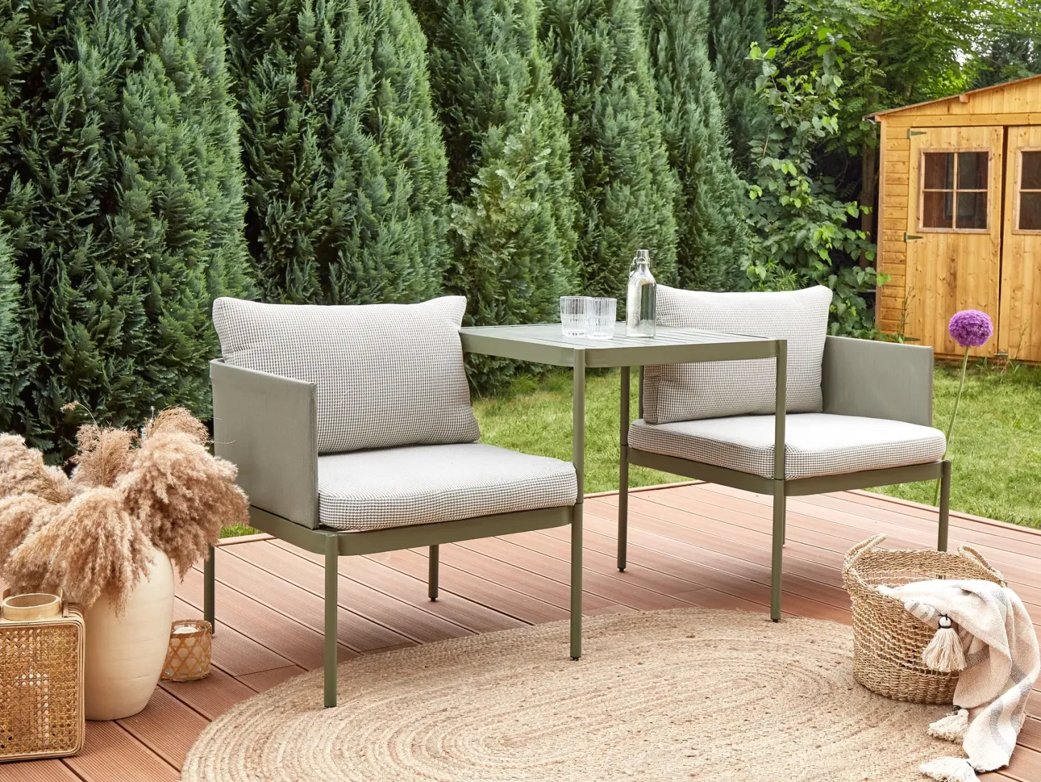 Zestaw ogrodowy ze stolikiem dla 2 osób TERRACINA Oliwkowy Metal