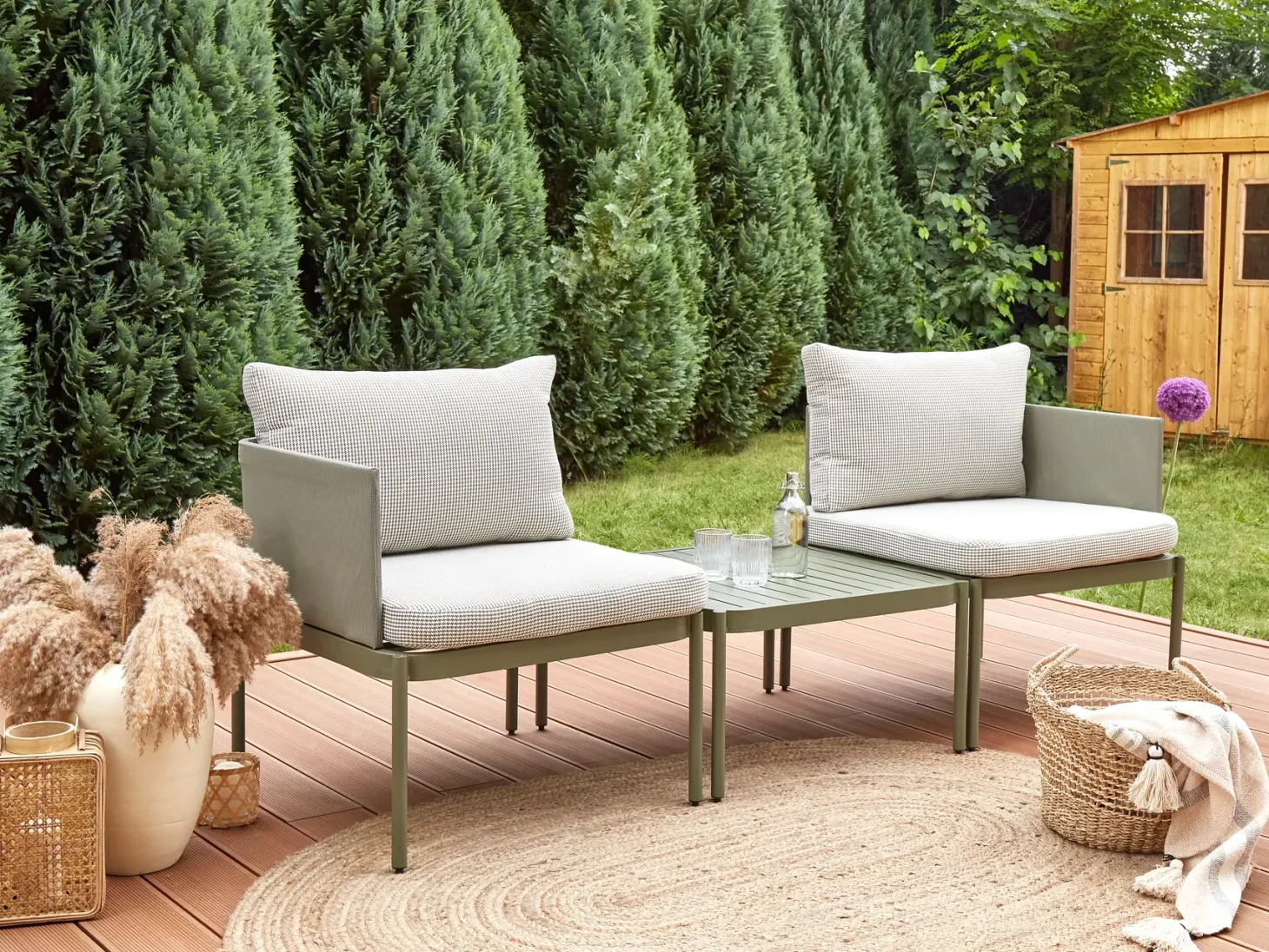 Zestaw ogrodowy ze stolikiem dla 2 osób TERRACINA Oliwkowy Metal