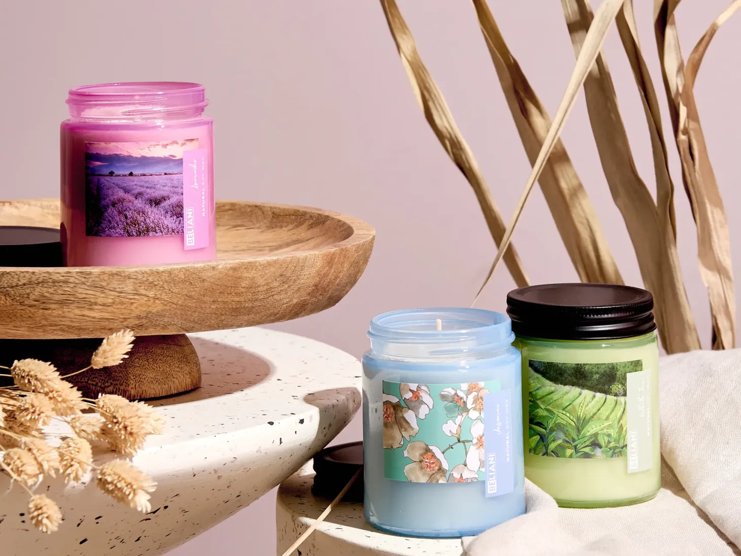 Zestaw 3 świeczek zapachowych FRUITY BLOOM Wosk sojowy Świeże nuty Nuty kwiatowe