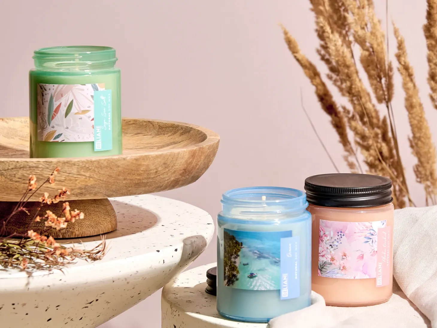 Zestaw 3 świeczek zapachowych FRUITY BLOOM Wosk sojowy Świeże nuty Nuty kwiatowe