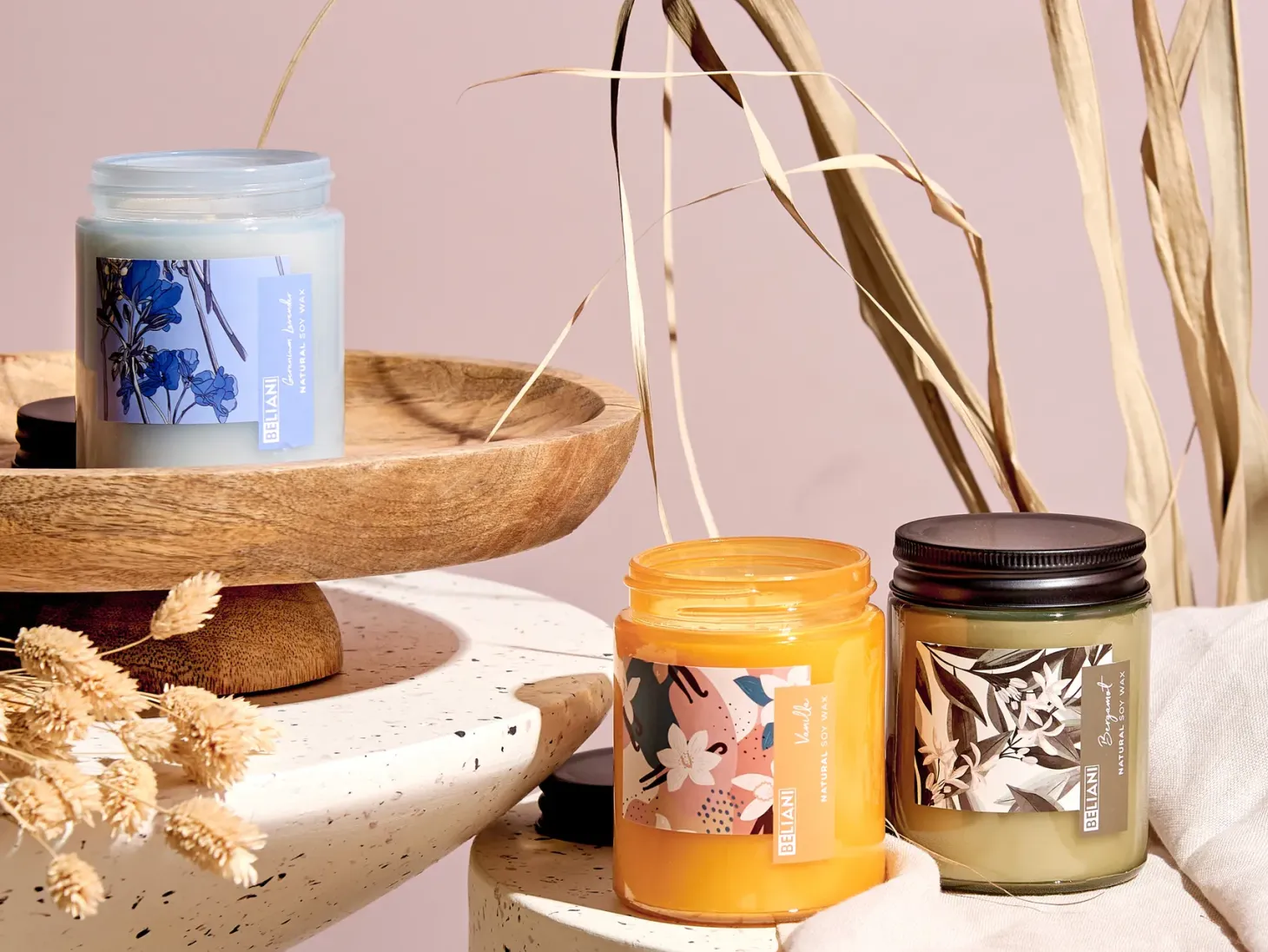 Zestaw 3 świeczek zapachowych FRUITY BLOOM Wosk sojowy Świeże nuty Nuty kwiatowe